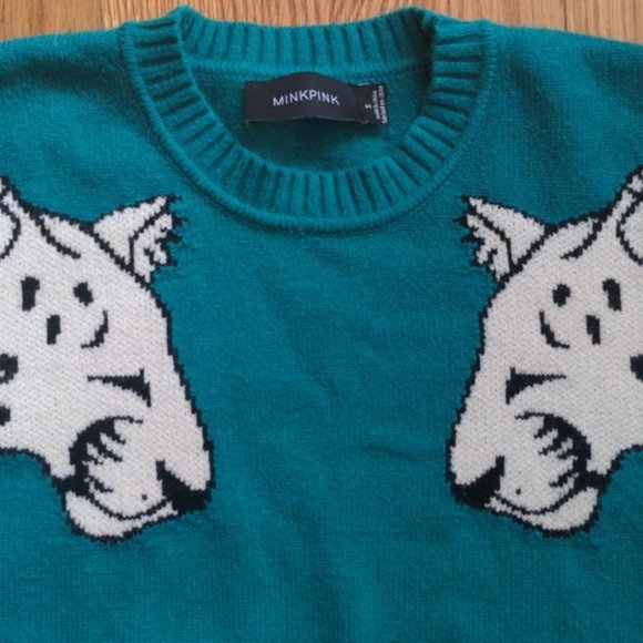 MINKPINK MINK PINK SNOW LEOPARD INTARSIA SWEATER AUTHENTIC GREEN WHITE SMALL - Picture 2 of 10